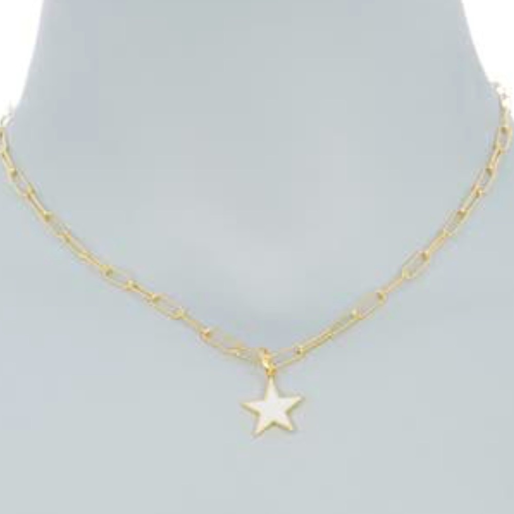 Enamel White Star Pendant Paper Clip Necklace - Picture 2 of 4